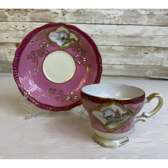 Vtg Craftsman China Hand Painted Cup and Saucer Set Japan 401 Fuji Pagoda Raised - Picture 12 of 12
